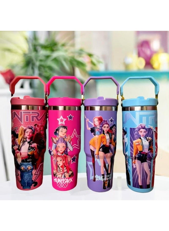 ECLux K-Pop ghost hunter-themed reusable vacuum insulated tumbler comes with a lid and straw, making it perfect for travel, work, study, and everyday coffee drinking（Pink） - Image 1